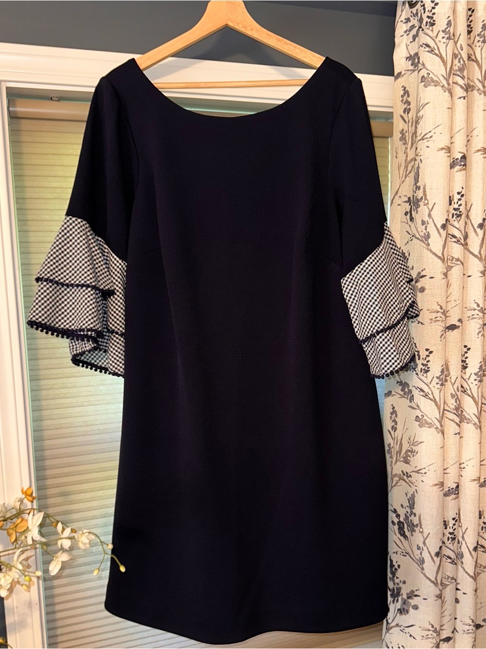 Navy Tunic Dress with Gingham Bell Sleeves